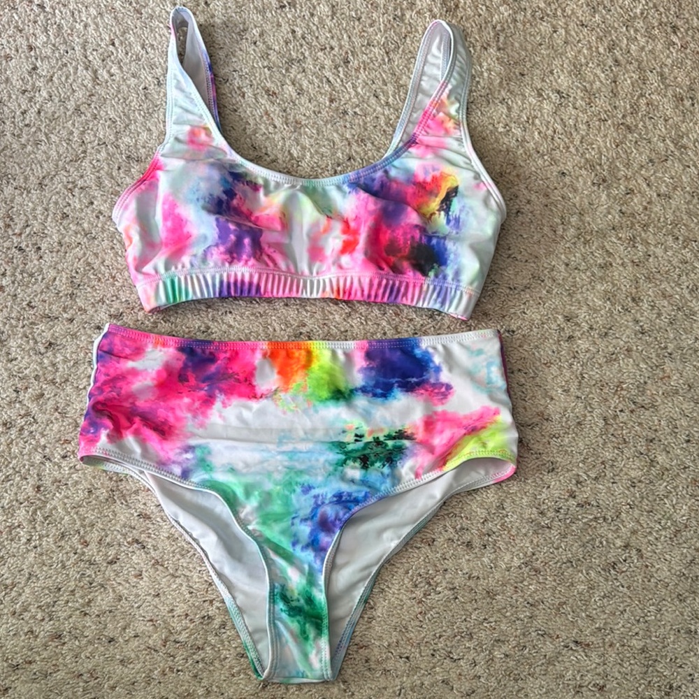 SHEIN Pink and Blue Bikini Vibrant Tie-Dye High-Waisted